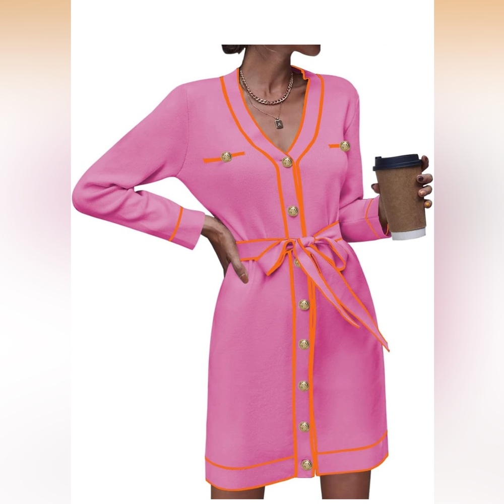 Pink Queen Women's Long Sleeve Button Down Sweater Dress with Belt Size Medium